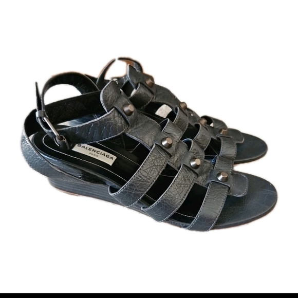Balenciaga Womens Gray Arena Studded Gladiator Wedge 37.5 - Picture 5 of 14